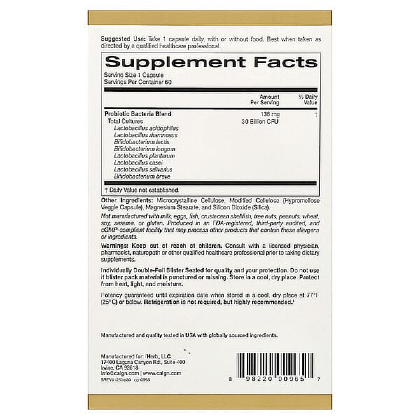 California Gold Nutrition, LactoBif® 30, пробиотики, 30 млрд КОЕ, 60 растительных капсул