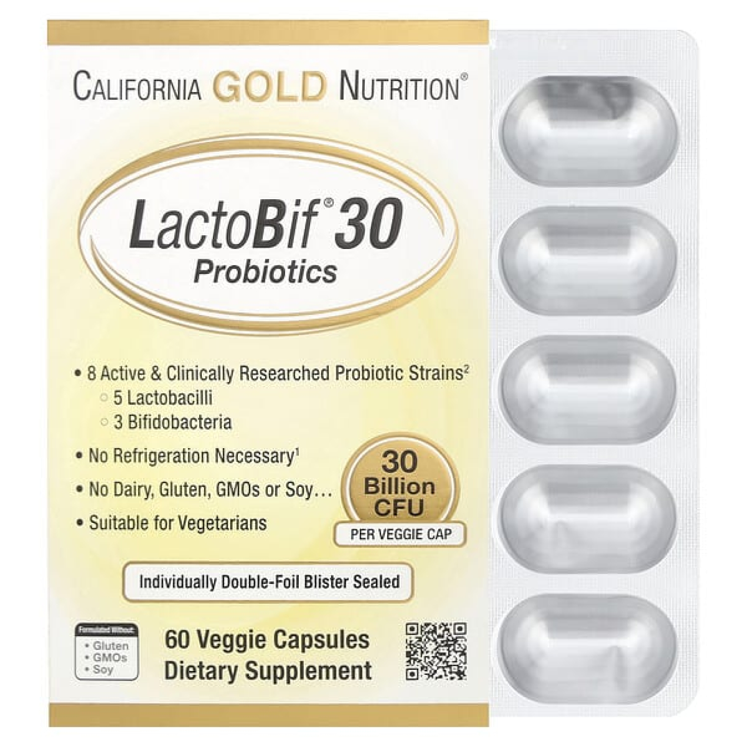 California Gold Nutrition, LactoBif® 30, пробиотики, 30 млрд КОЕ, 60 растительных капсул