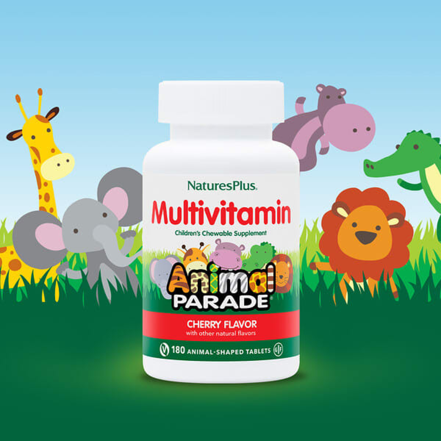 NaturesPlus, Animal Parade, добавка для детей в виде жевательных мультивитаминов, со вкусом вишни, 180 таблеток в форме животных