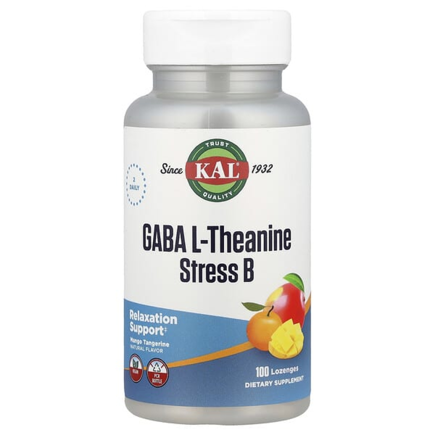 KAL, ГАМК, L-теанин, таблетки Stress B, натуральный аромат манго и танжерина, 100 таблеток