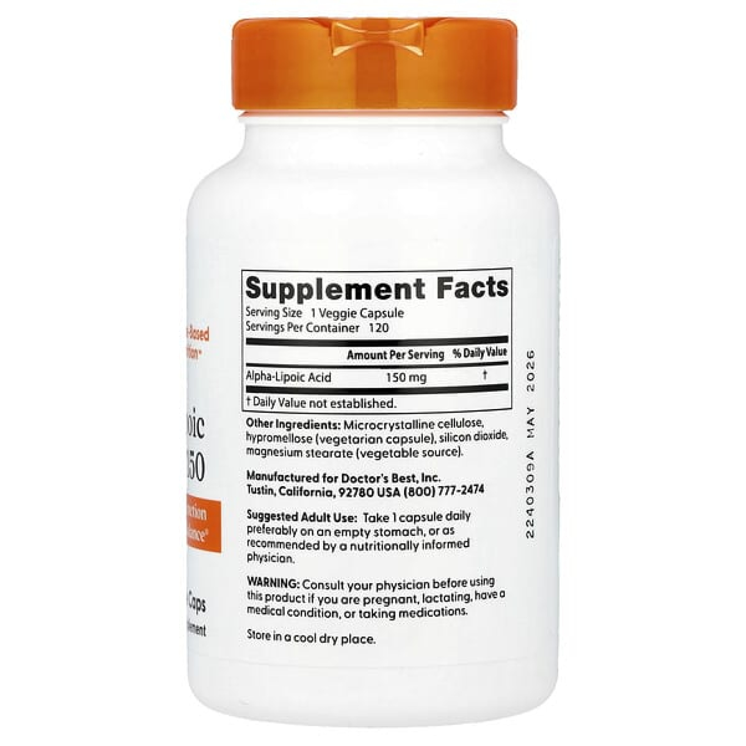 Doctor's Best, альфа-липоевая кислота 150, 150 мг, 120 растительных капсул