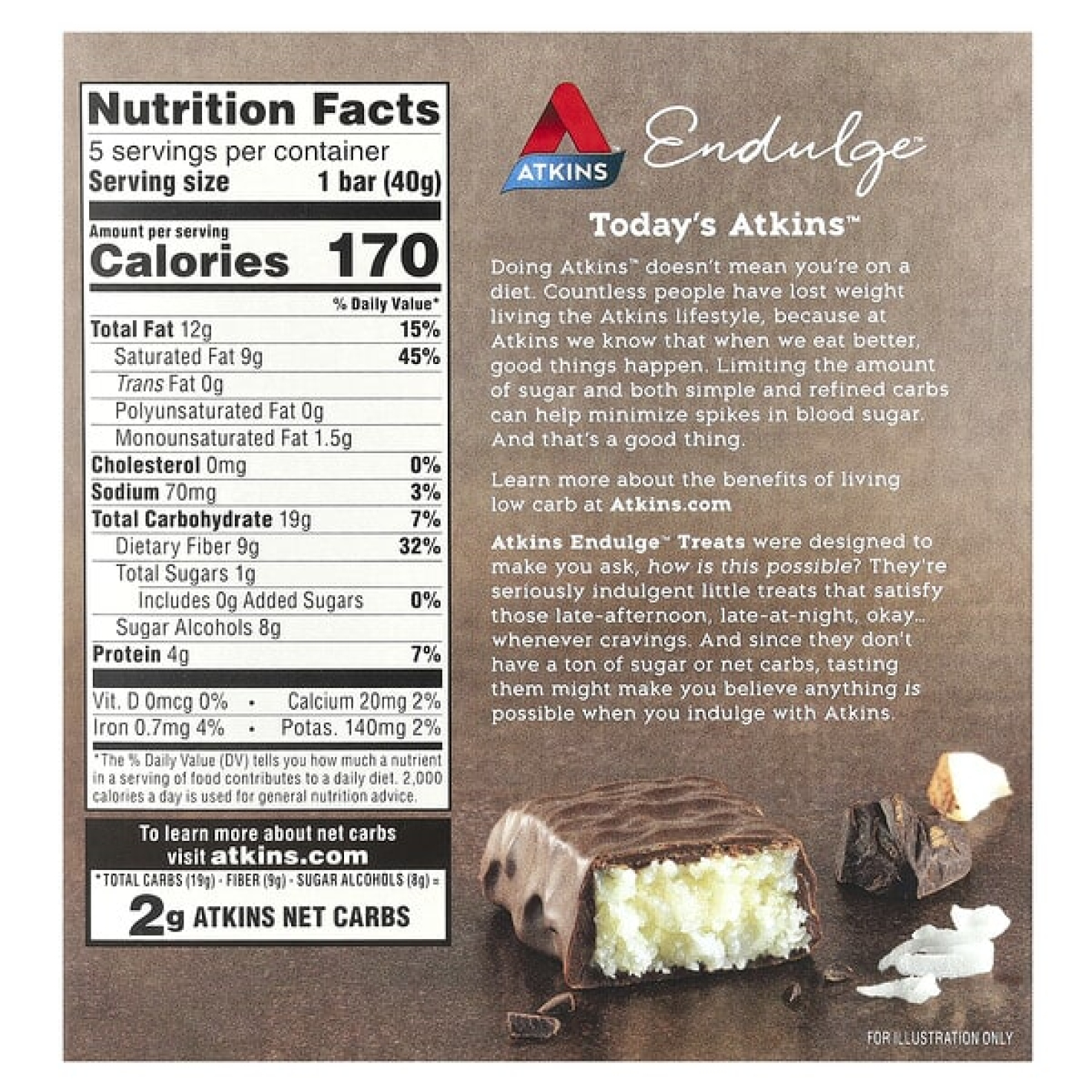 Atkins, Endulge ™, Treat, шоколадно-кокосовый батончик, 5 батончиков, 40 г (1,41 унции)