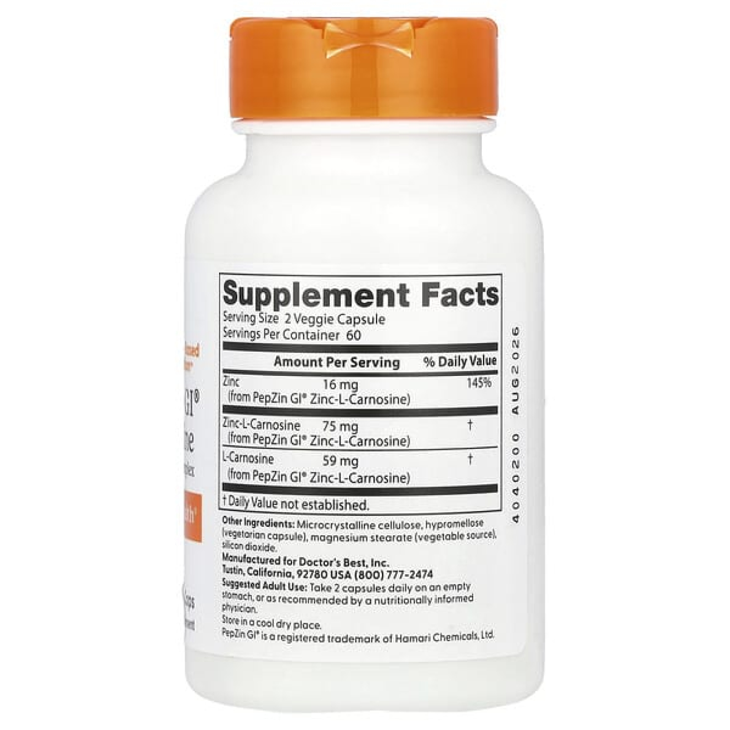 Doctor's Best, PepZin GI®, комплекс с цинк-L-карнозином, 120 растительных капсул