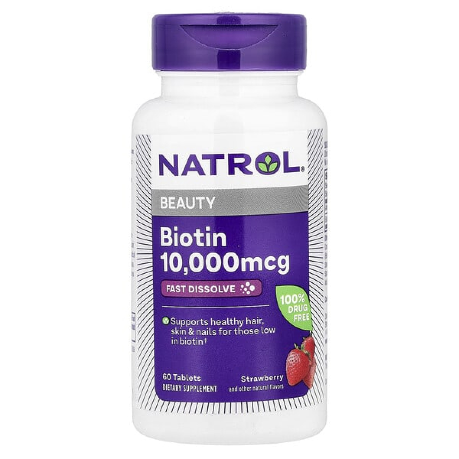 Natrol, быстрорастворимый биотин, максимальная эффективность, клубника, 10 000 мкг, 60 таблеток