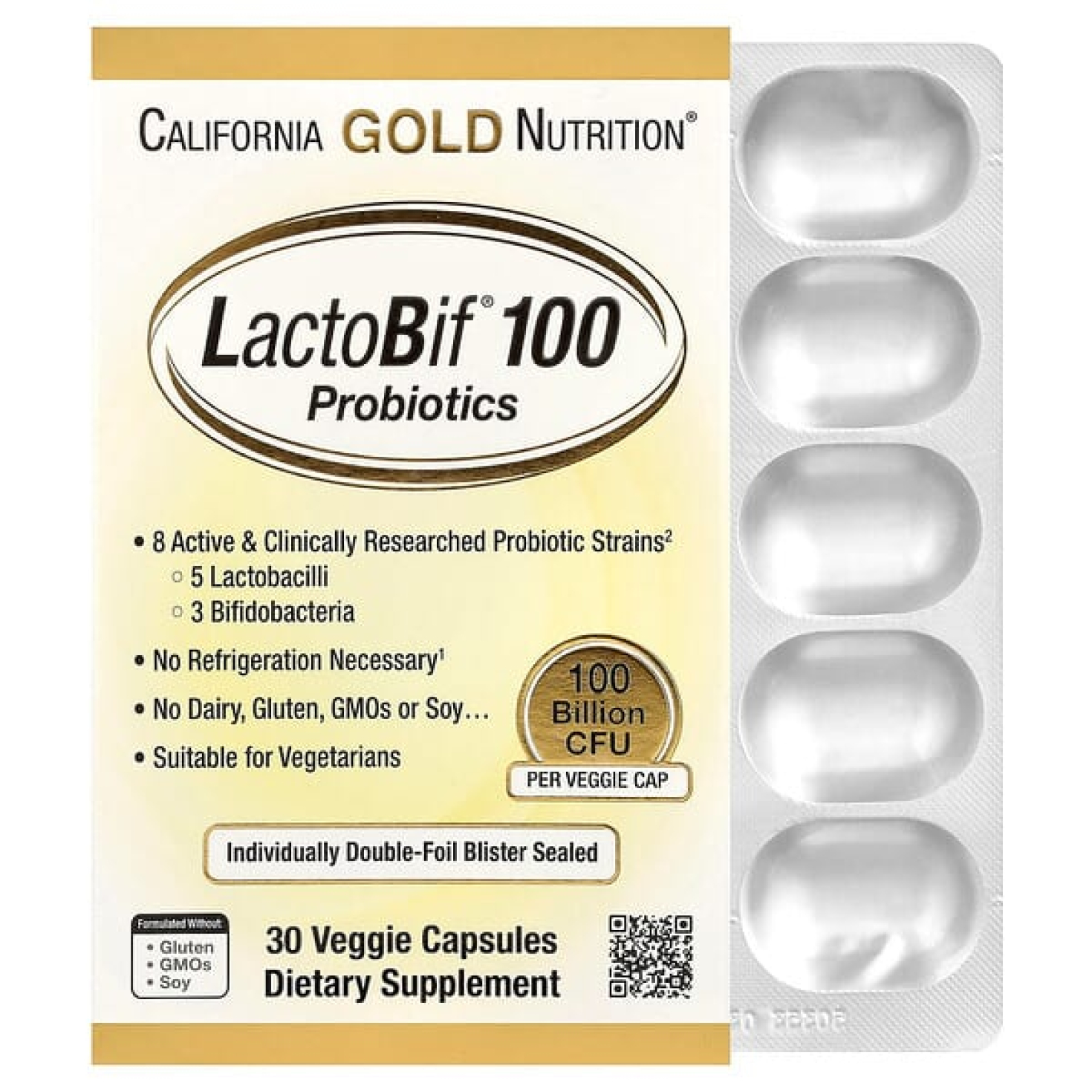 California Gold Nutrition, LactoBif® 100, пробиотики, 100 млрд КОЕ, 30 растительных капсул