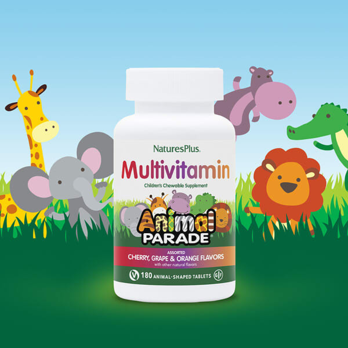 NaturesPlus, Animal Parade, мультивитаминная добавка для детей, вишня, виноград и апельсин, 180 таблеток в форме животных