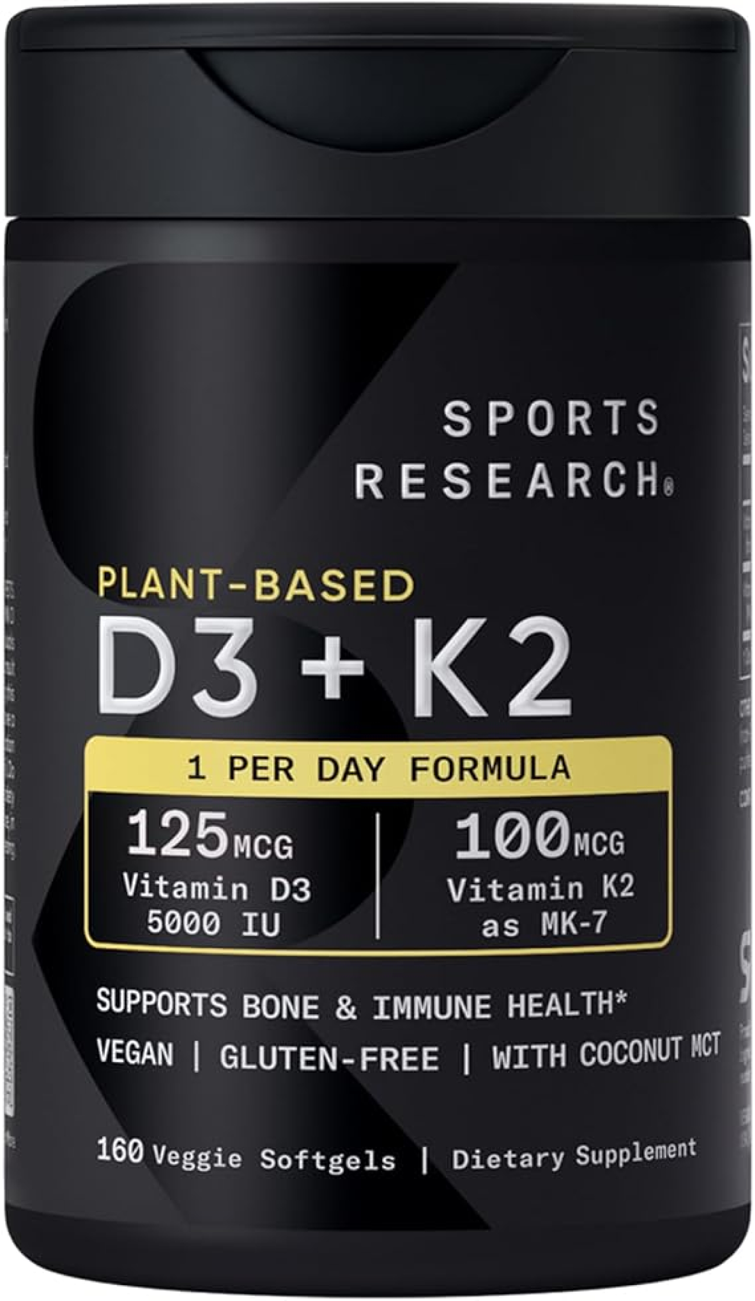 Sports Research D3 K2, 5000 МЕ растительного D3 и 100 мкг витамина K2 в форме MK-7, подходит для веганов — 160 жидких мягких капсул
