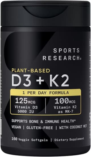 Sports Research D3 K2, 5000 МЕ растительного D3 и 100 мкг витамина K2 в форме MK-7, подходит для веганов — 160 жидких мягких капсул