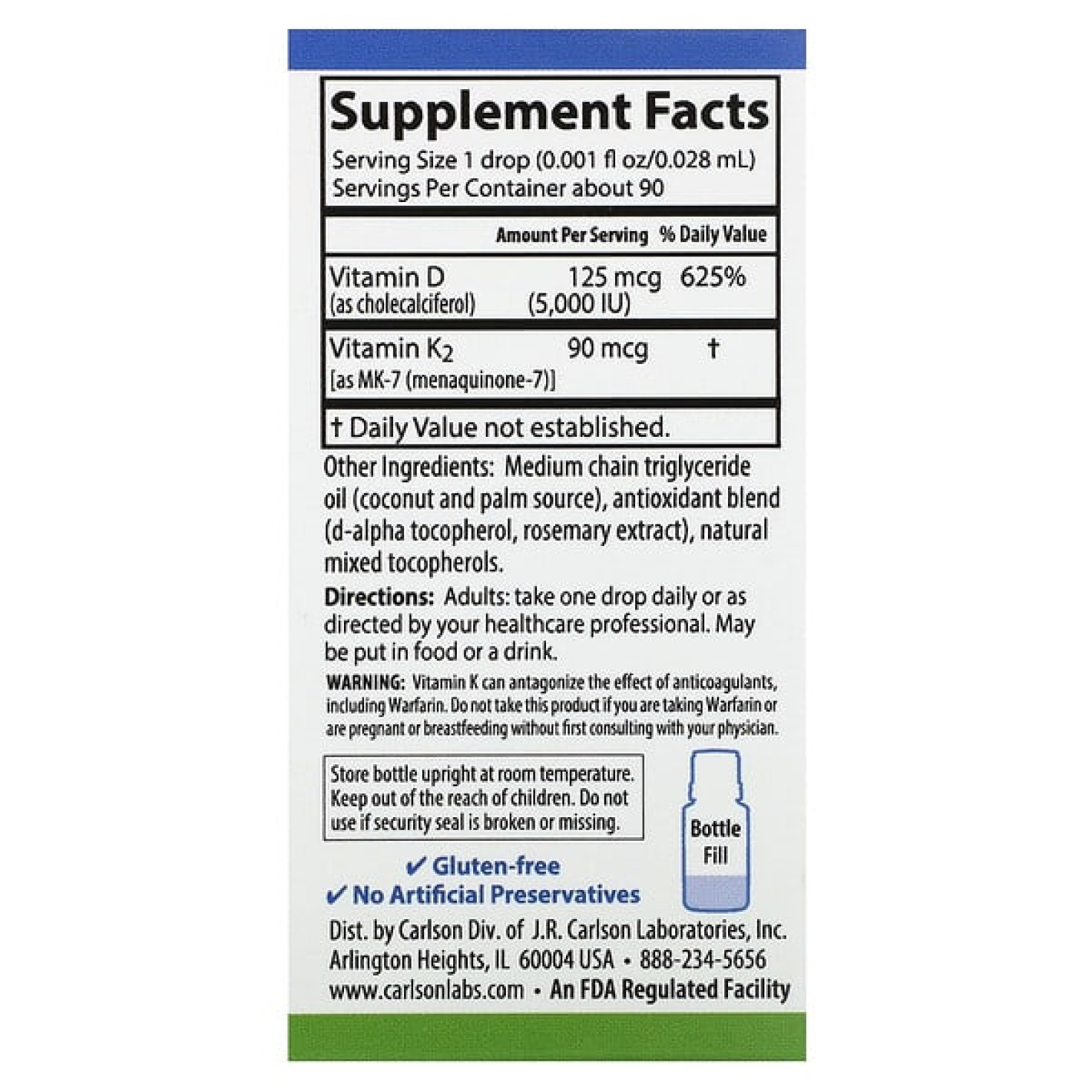 Carlson, Super Daily® D3 + K2, 125 мкг (5000 МЕ) и 90 мкг, 2,54 мл (0,086 жидк. унции)