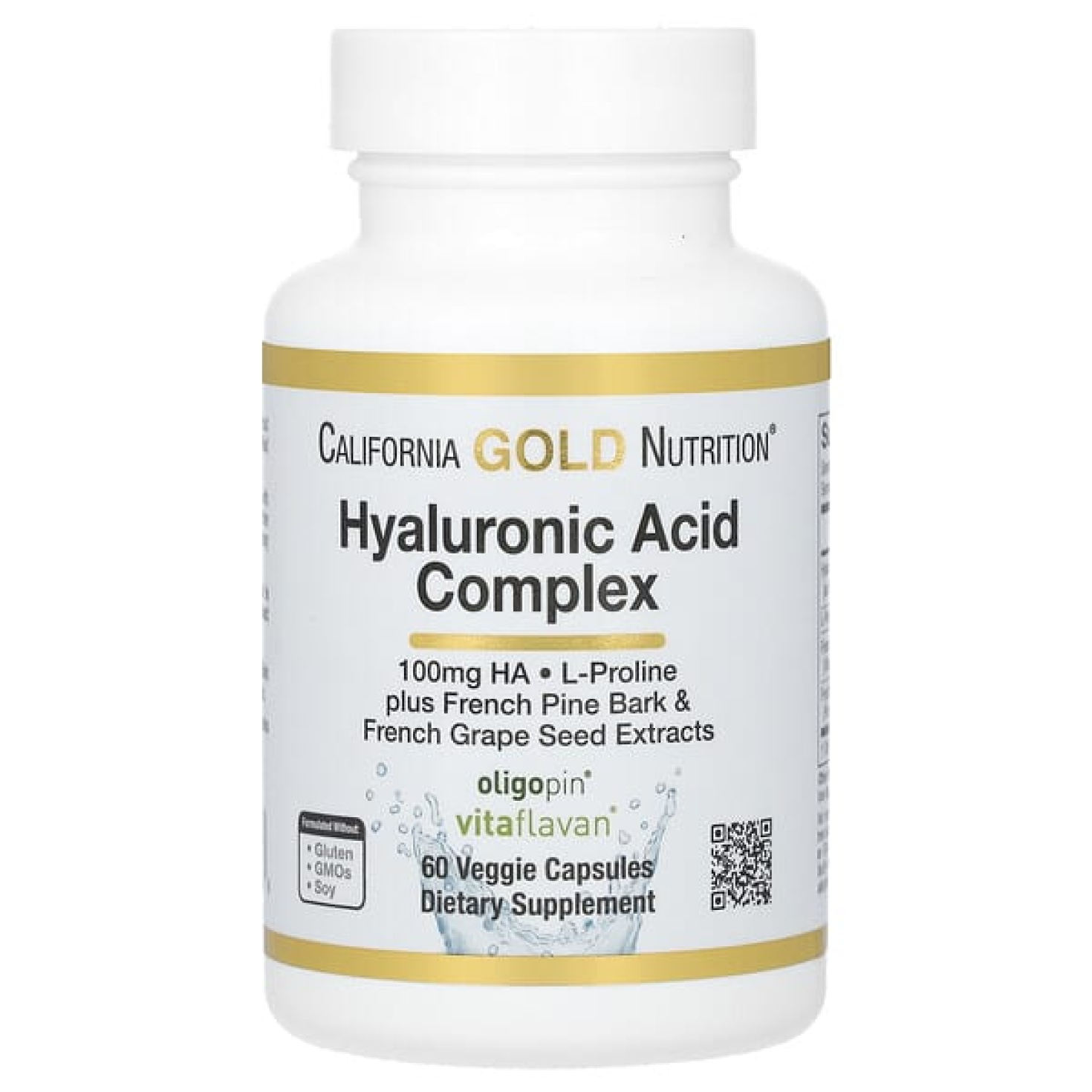 California Gold Nutrition, комплекс гиалуроновой кислоты с L-пролином, экстрактом косточек французского винограда и коры французской приморской сосны, 60 растительных капсул