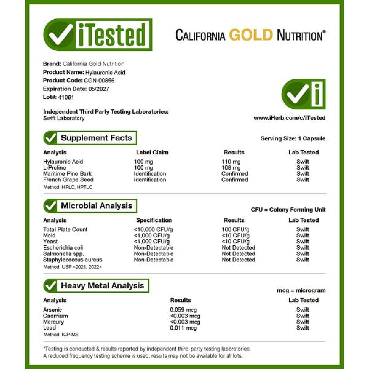 California Gold Nutrition, комплекс гиалуроновой кислоты с L-пролином, экстрактом косточек французского винограда и коры французской приморской сосны, 60 растительных капсул