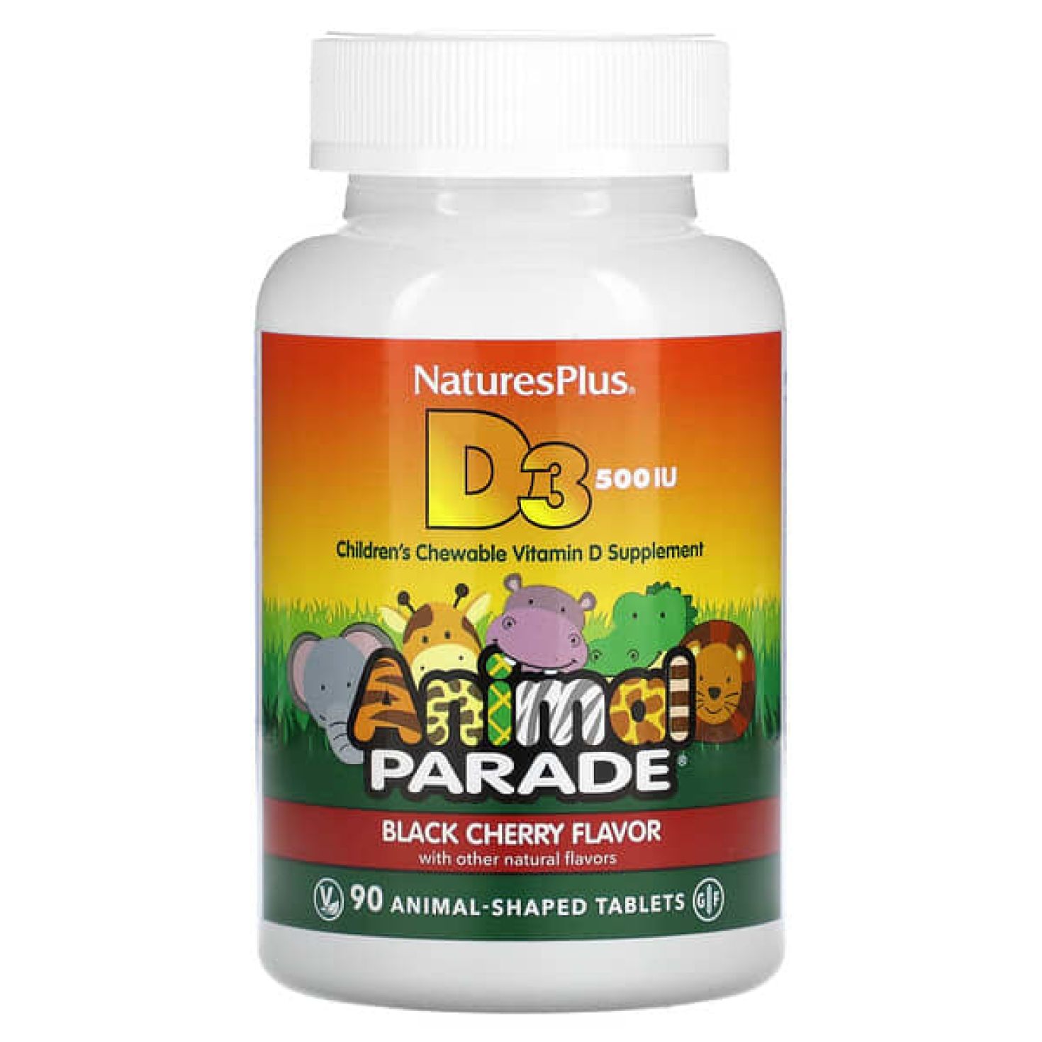 NaturesPlus, Source of Life, Animal Parade, витамин D3, со вкусом натуральной черешни, 500 МЕ, 90 таблеток в форме животных