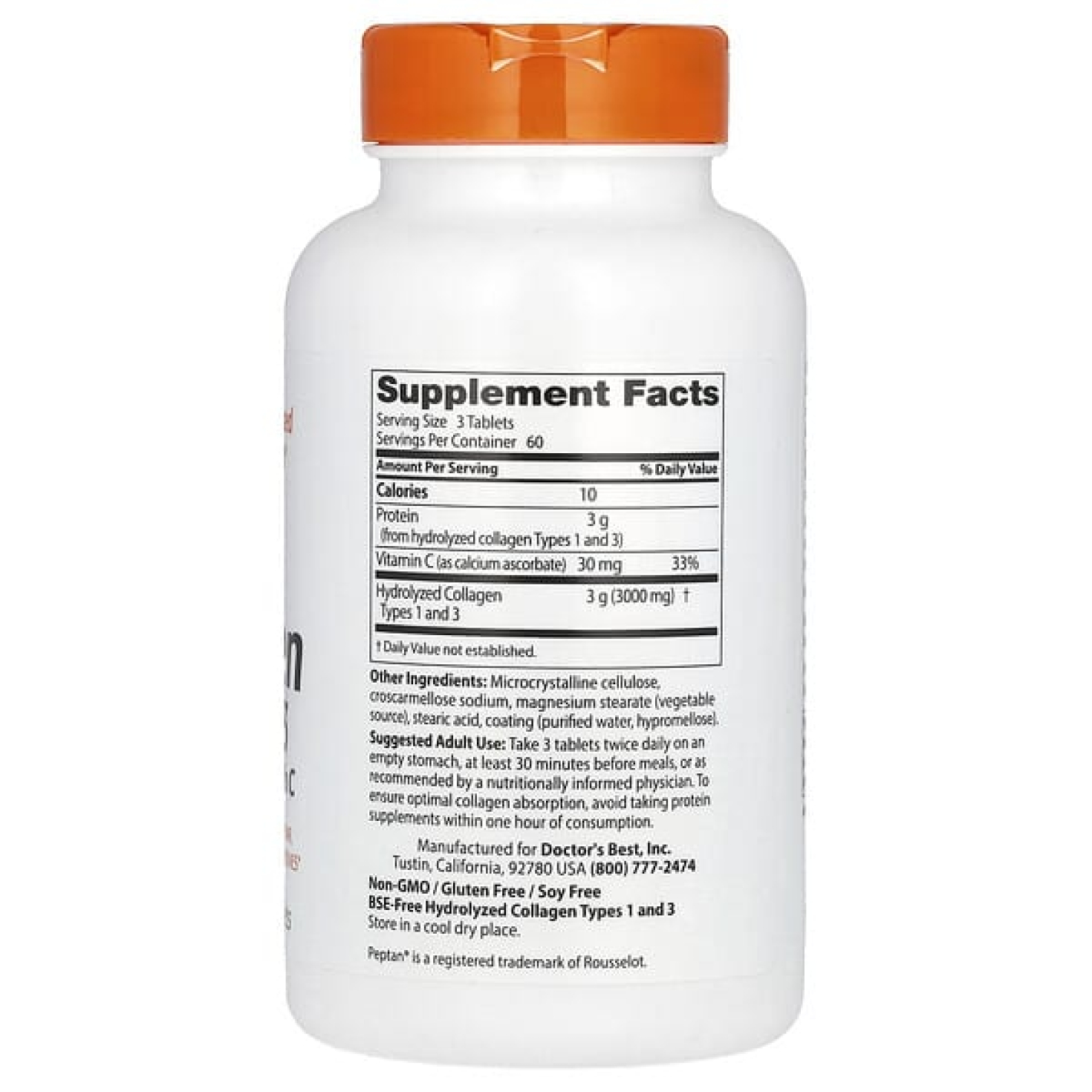 Doctor's Best, коллаген 1 и 3 типов с Peptan и витамином C, 180 таблеток
