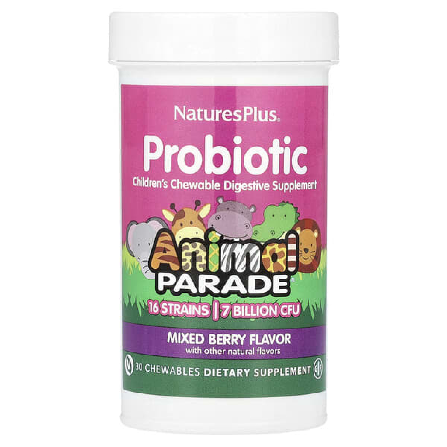 NaturesPlus, пробиотик, детская жевательная добавка для пищеварения, ягодный вкус, 7 млрд КОЕ, 30 жевательных таблеток