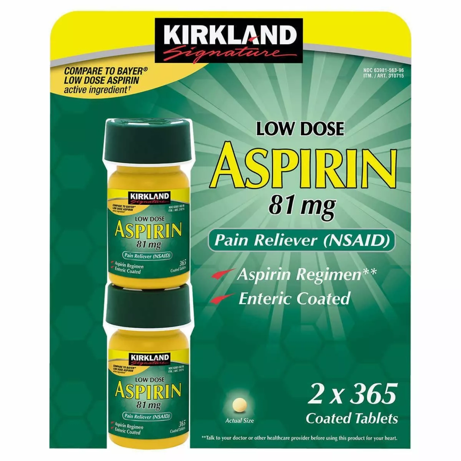 Kirkland Signature Aspirin Low Dose 81 mg., 365 Enteric Coated Tablets (2 Count)