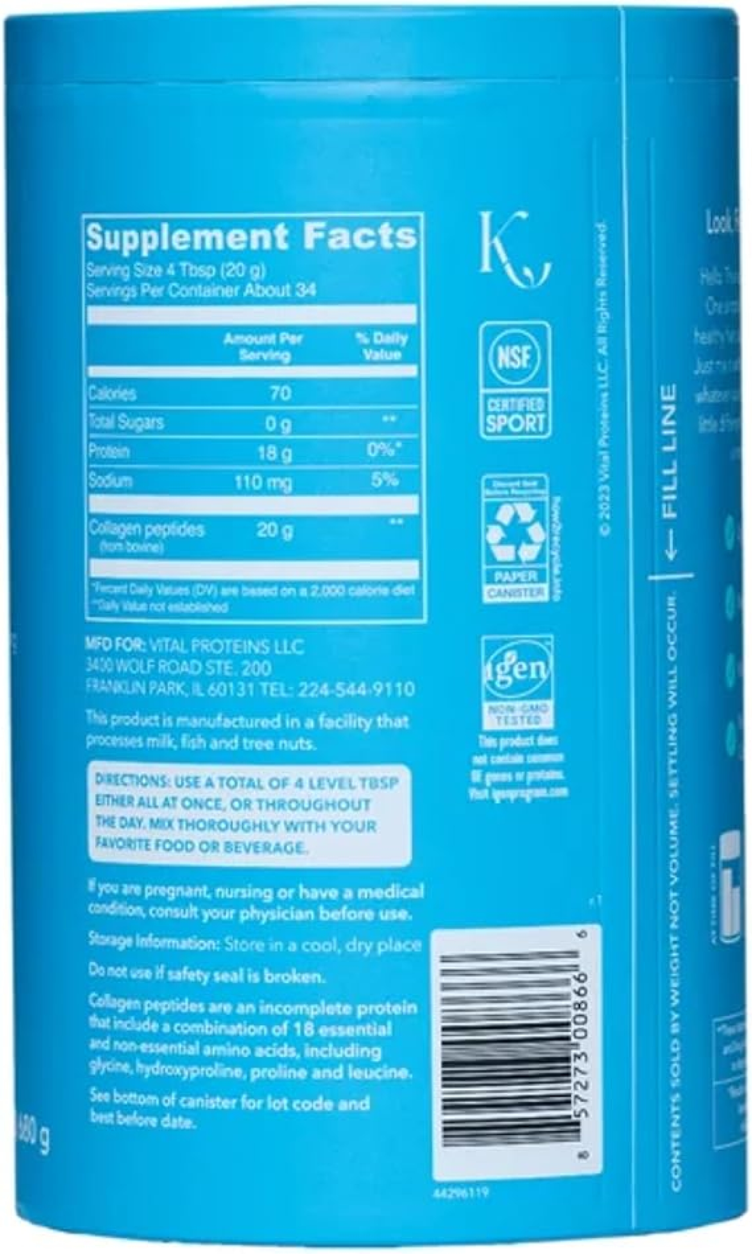 Vital Proteins, пептиды коллагена, без вкусовых добавок, 680gr